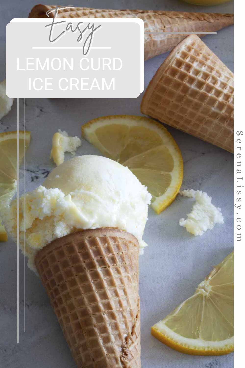 Lemon Curd Ice Cream In Cone on Table Top With Lemons