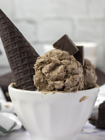 Scoop of chocolate mint ice cream in bowl with ice cream cone