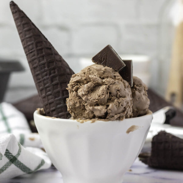 Scoop of chocolate mint ice cream in bowl with ice cream cone
